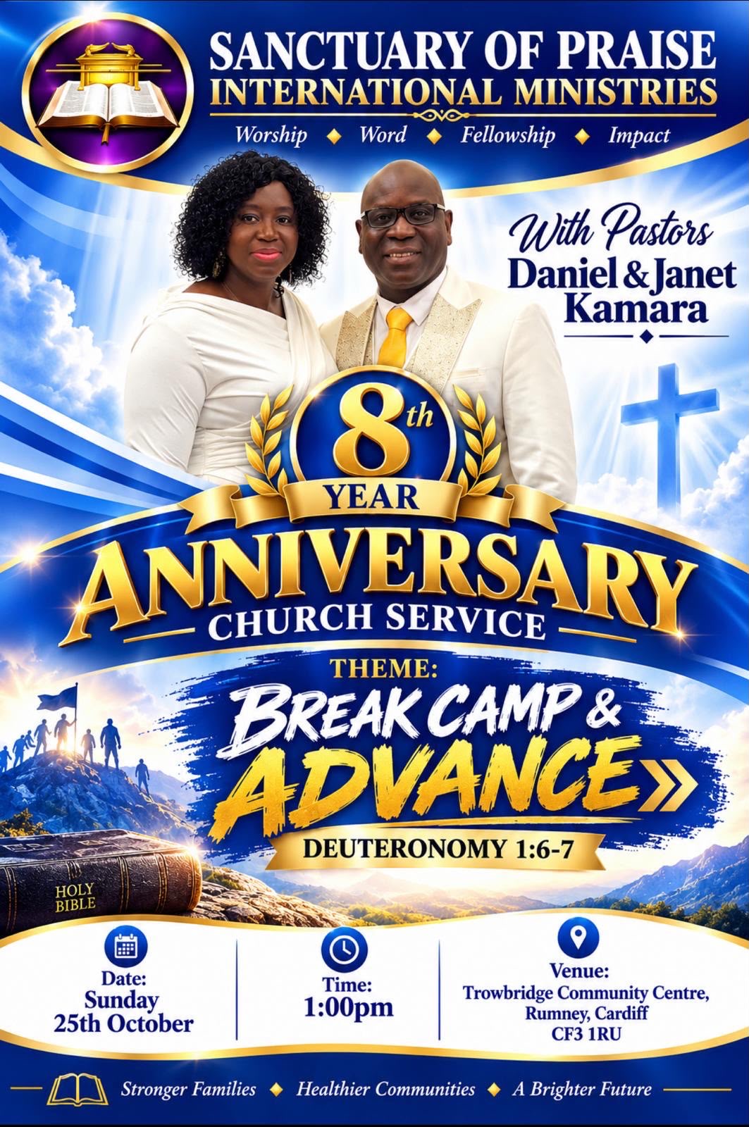 8th Anniversary Church Service flyer — Break Camp & Advance, Deuteronomy 1:6–7, Sunday 25th October 2026, 1:00 PM, Trowbridge Community Centre, Rumney, Cardiff CF3 1RU